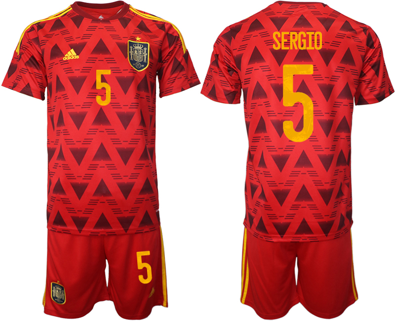 Men's Spain #5 Sergio Red Home Soccer 2022 FIFA World Cup Jerseys
