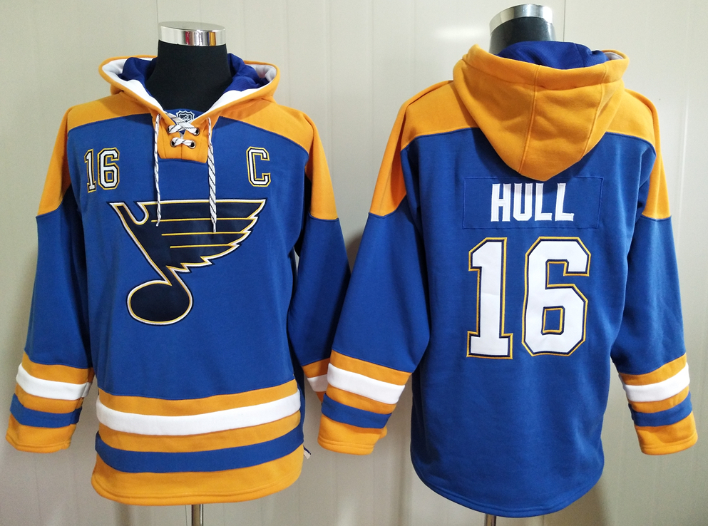 Men's St. Louis Blues #16 Brett Hull Blue All Stitched Hooded Sweatshirt Ageless Must-Have Lace-Up Pullover Hoodie