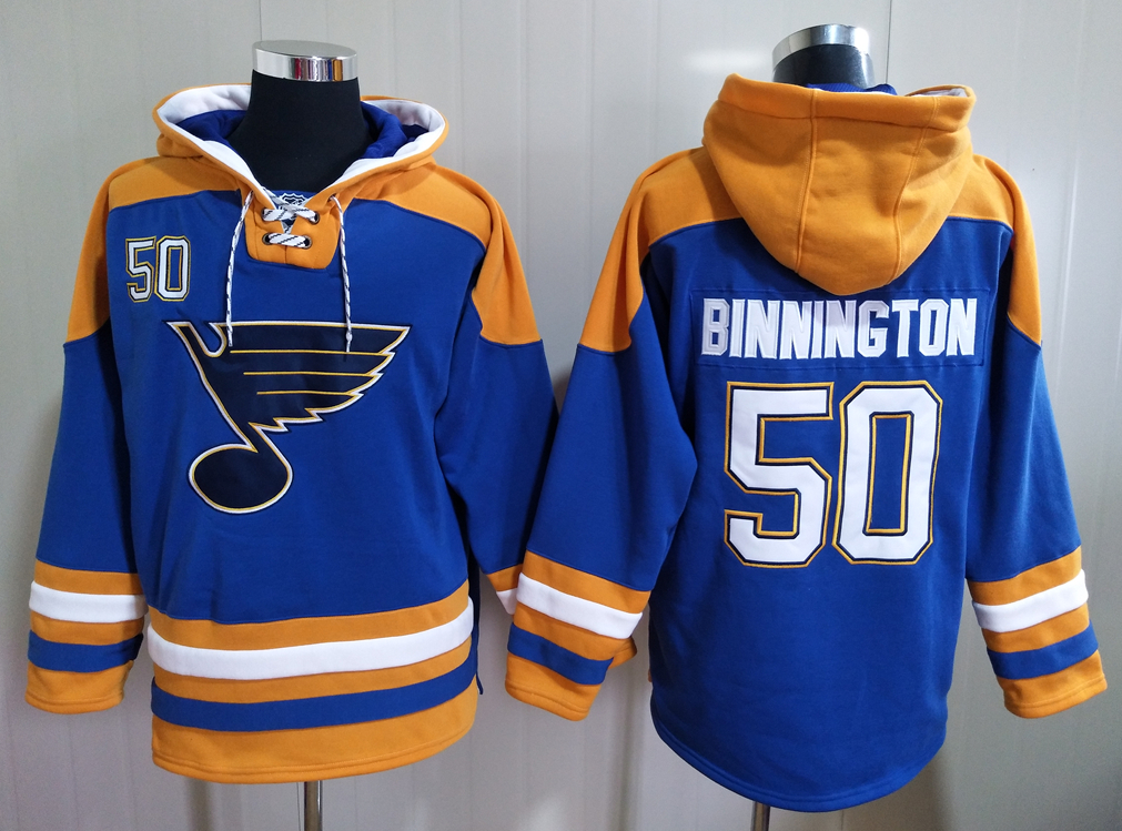 Men's St. Louis Blues #50 Jordan Binnington Blue All Stitched Hooded Sweatshirt Ageless Must-Have Lace-Up Pullover Hoodie