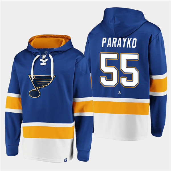 Men's St. Louis Blues #55 Colton Parayko Blue Ageless Must-Have Lace-Up Pullover Hoodie