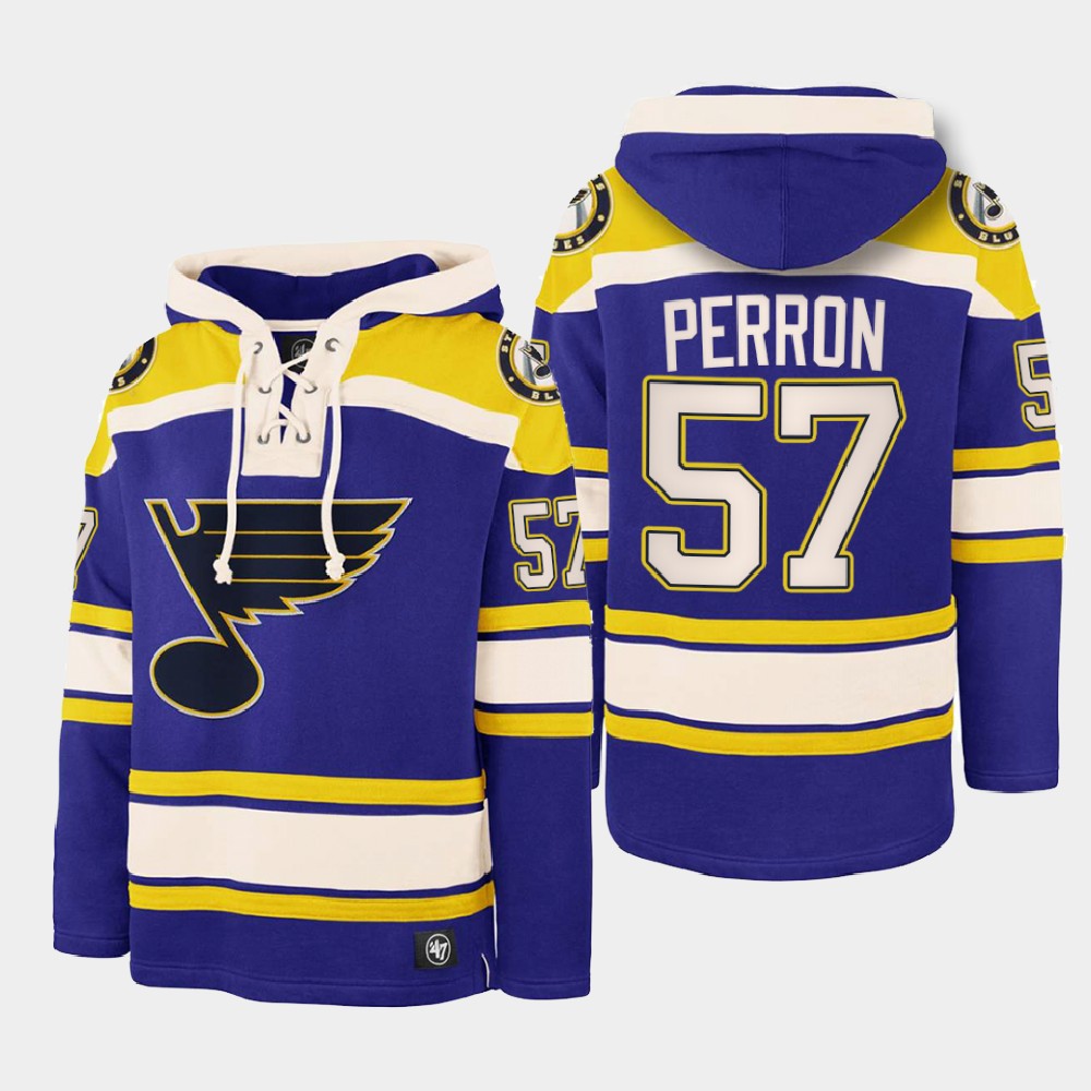 Men's St. Louis Blues #57 David Perron Blue Ageless Must-Have Lace-Up Pullover Hoodie