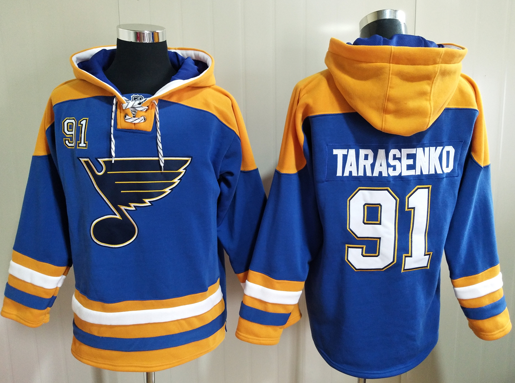 Men's St. Louis Blues #91 Vladimir Tarasenko Blue All Stitched Hooded Sweatshirt Ageless Must-Have Lace-Up Pullover Hoodie