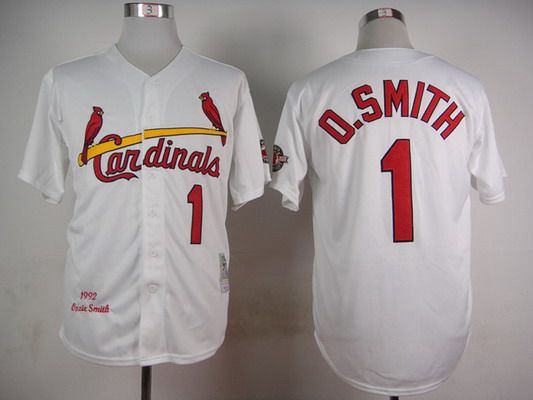Men's St. Louis Cardinals #1 Ozzie Smith 1992 White Mitchell & Ness Throwback Jersey