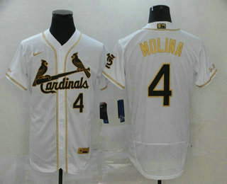 Men's St. Louis Cardinals #4 Yadier Molina White With Gold Stitched MLB Flex Base Nike Jersey