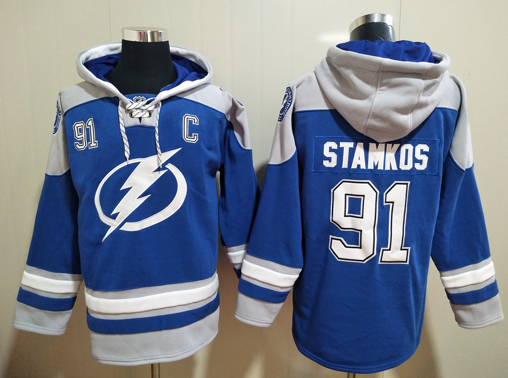 Men's Tampa Bay Lightning#91 Steven Stamkos Blue All Stitched Hooded Sweatshirt Ageless Must-Have Lace-Up Pullover Hoodie
