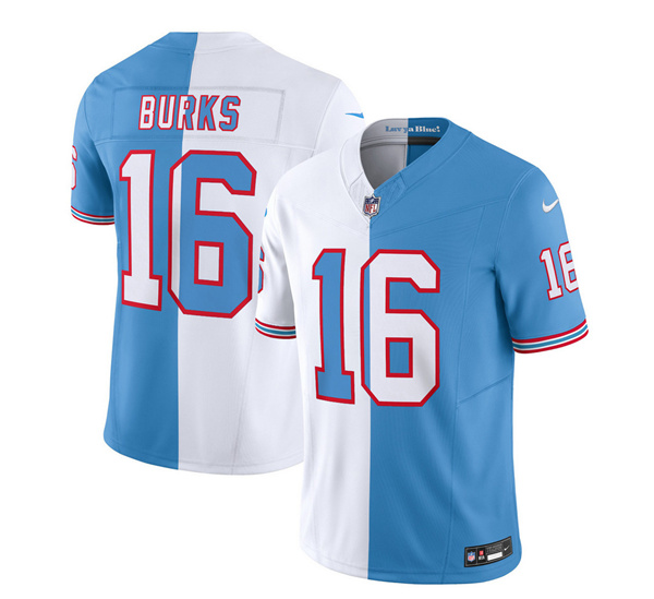 Men's Tennessee Titans #16 Treylon Burks White Blue 2023 F.U.S.E. Split Vapor Limited Throwback Football Stitched Jersey