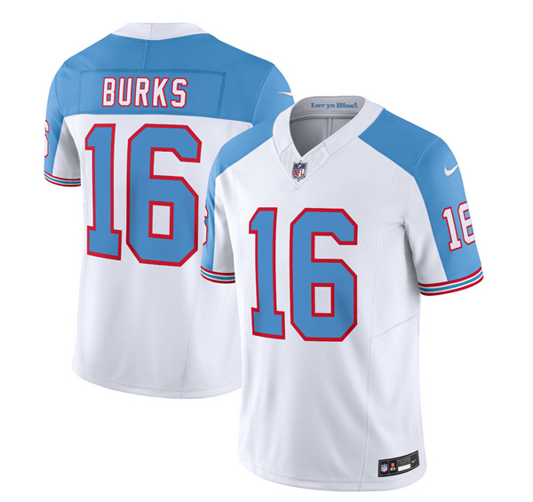 Men's Tennessee Titans #16 Treylon Burks White Blue 2023 F.U.S.E. Vapor Limited Throwback Football Stitched Jersey