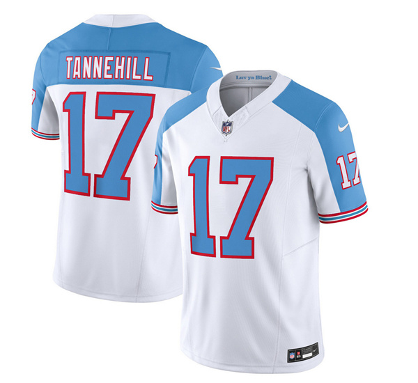 Men's Tennessee Titans #17 Ryan Tannehill White Blue 2023 F.U.S.E. Vapor Limited Throwback Football Stitched Jersey