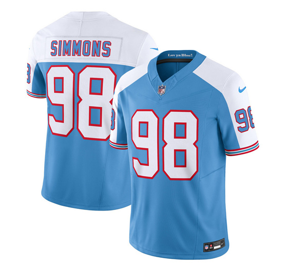 Men's Tennessee Titans #98 Jeffery Simmons Blue White 2023 F.U.S.E. Vapor Limited Throwback Football Stitched Jersey