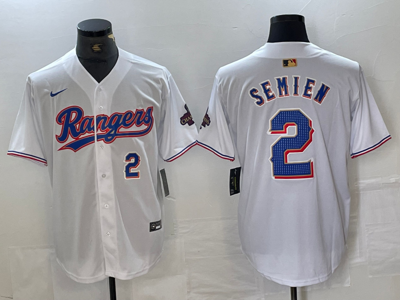 Men's Texas Rangers #2 Marcus Semien Number White 2023 World Series Champions Cool Base Jersey