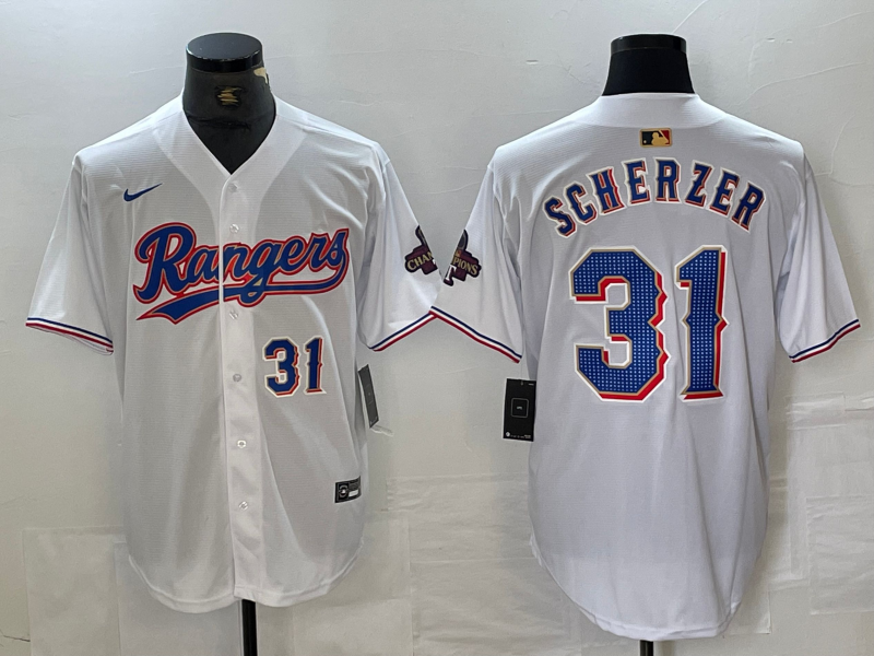 Men's Texas Rangers #31 Max Scherzer Number White 2023 World Series Champions Cool Base Jerseys