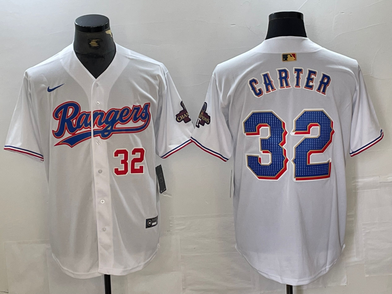 Men's Texas Rangers #32 Evan Carter Number White 2023 World Series Champions Cool Base Jersey