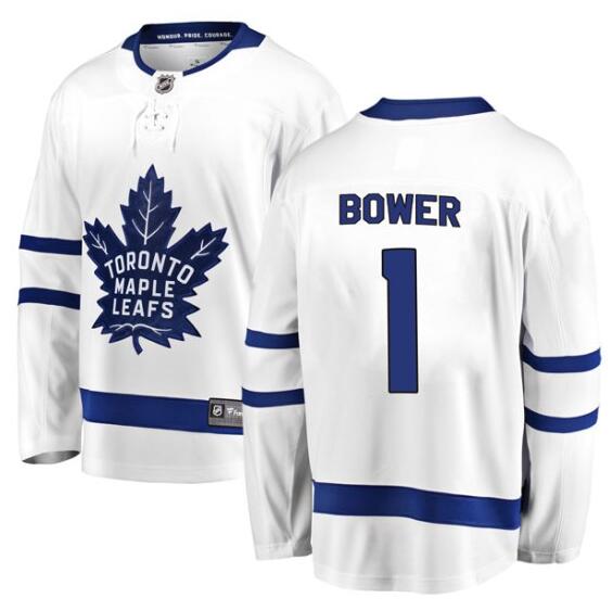 Men's Toronto Maple Leafs #1 Johnny Bower White Breakaway Away Jersey