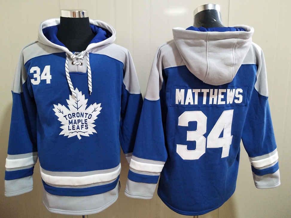 Men's Toronto Maple Leafs #34 Auston Matthews Blue All Stitched Hooded Sweatshirt Ageless Must-Have Lace-Up Pullover Hoodie