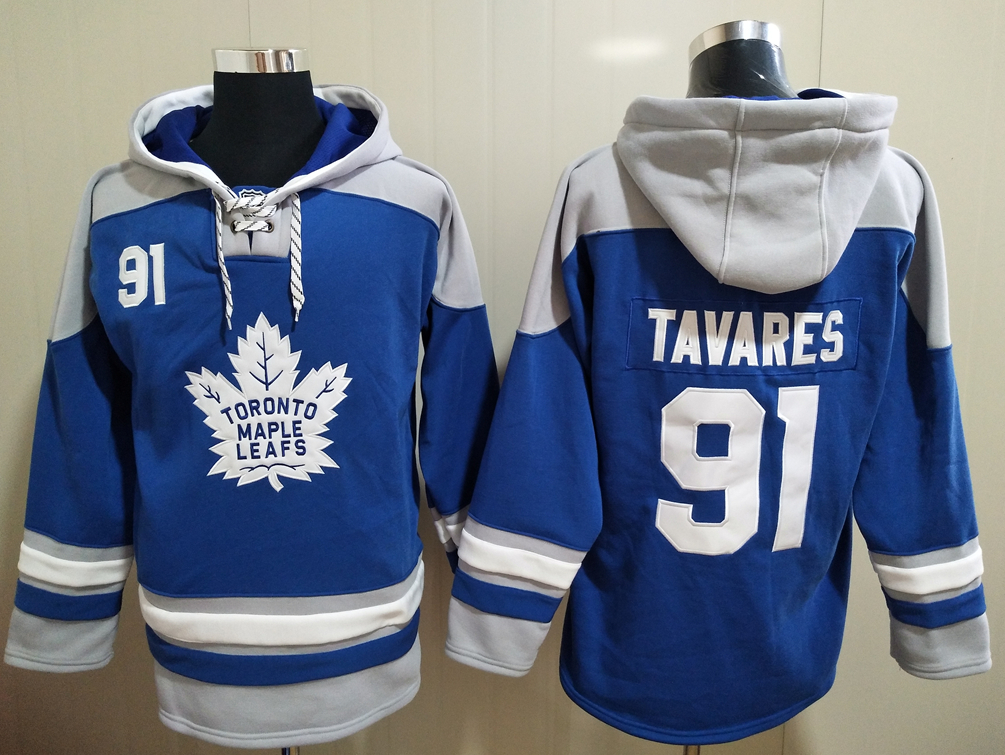 Men's Toronto Maple Leafs #91 John Tavares Blue All Stitched Hooded Sweatshirt Ageless Must-Have Lace-Up Pullover Hoodie