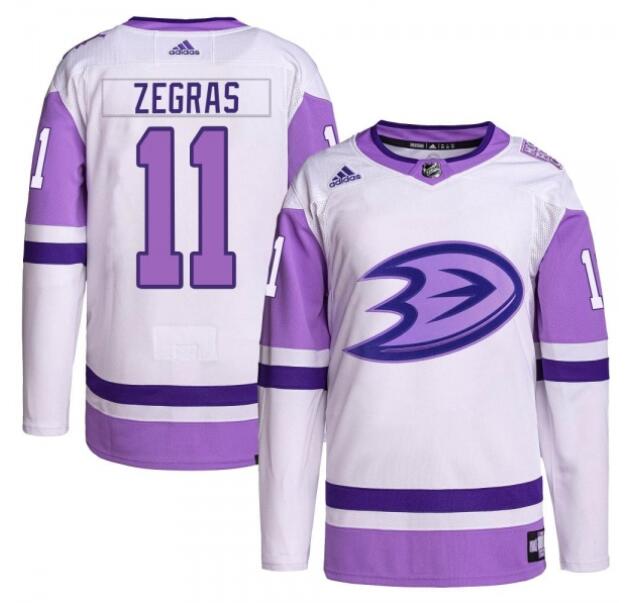 Men's Trevor Zegras Anaheim Ducks #11 Authentic White-Purple Adidas Hockey Fights Cancer Primegreen Jersey