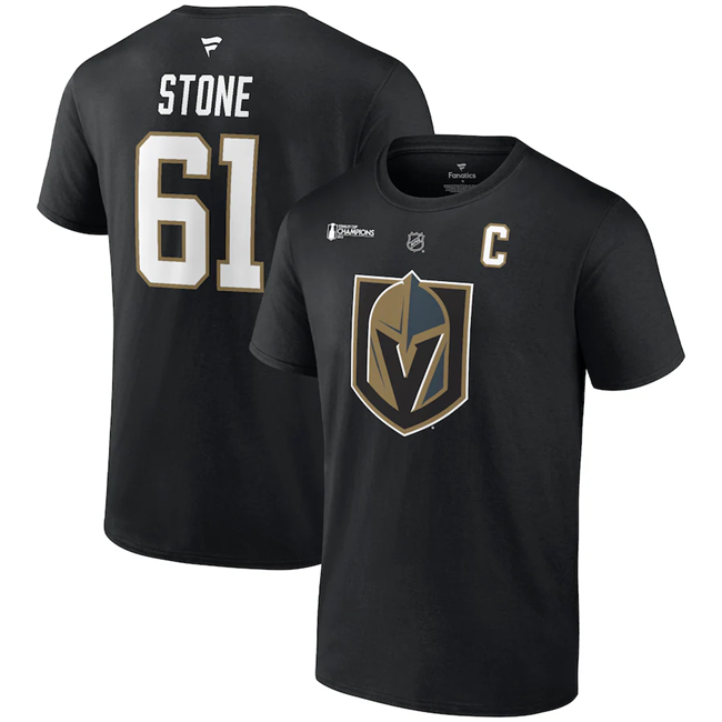 Men's Vegas Golden Knights #61 Mark Stone Black 2023 Stanley Cup Champions Name & Number T-Shirt