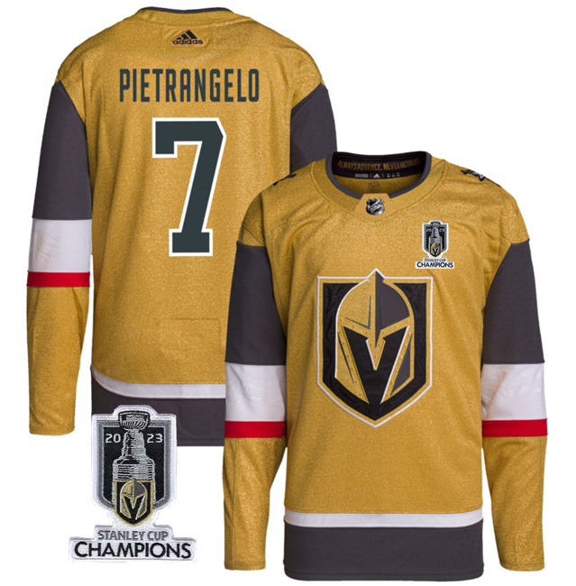 Men's Vegas Golden Knights #7 Alex Pietrangelo Gold 2023 Stanley Cup Champions Stitched Jersey