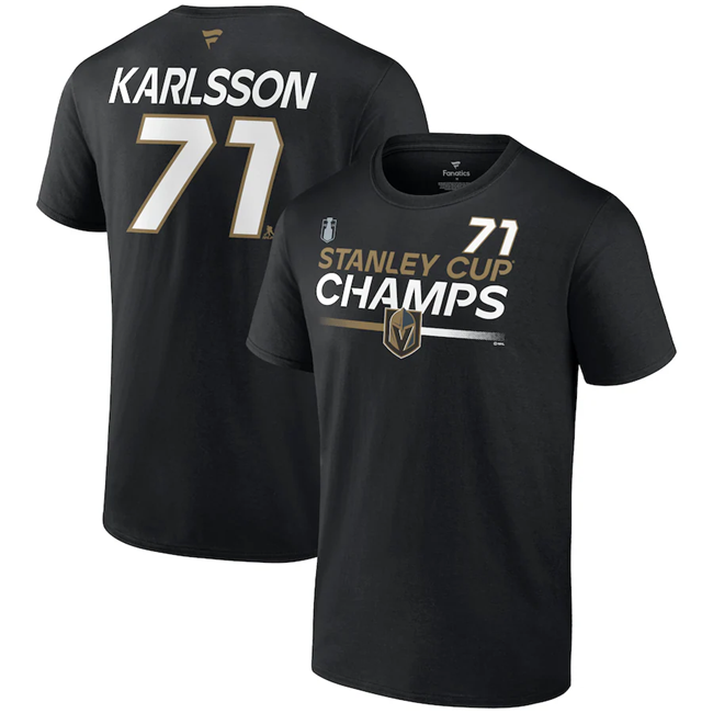 Men's Vegas Golden Knights #71 William Karlsson Black 2023 Stanley Cup Champions Pro Name & Number T-Shirt