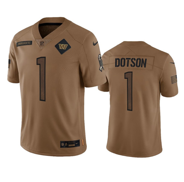 Men's Washington Commanders #1 Jahan Dotson 2023 Brown Salute To Service Limited Football Stitched Jersey