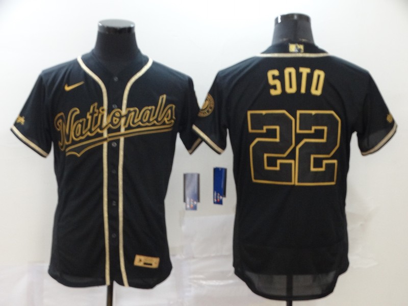 Men's Washington Nationals #22 Juan Soto Black With Gold Stitched MLB Flex Base Nike Jersey