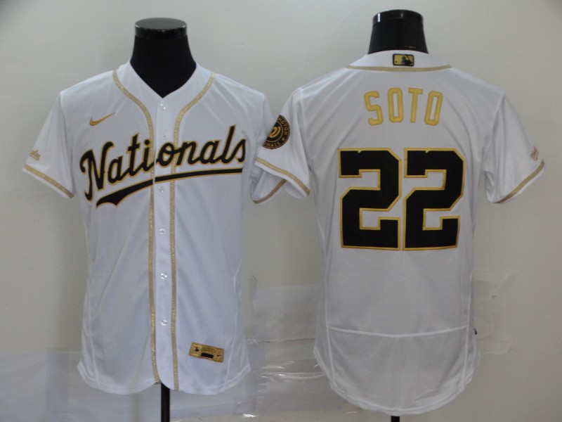Men's Washington Nationals #22 Juan Soto White With Gold Stitched MLB Flex Base Nike Jersey