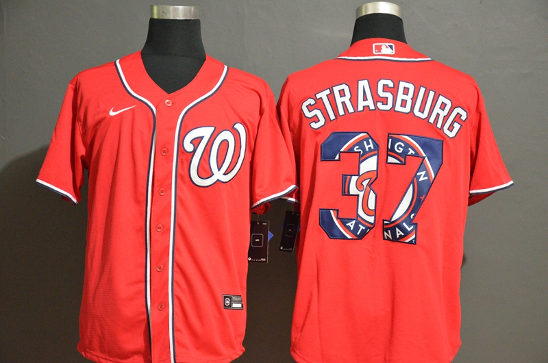 Men's Washington Nationals #37 Stephen Strasburg Red Team Logo Stitched MLB Cool Base Nike Jersey