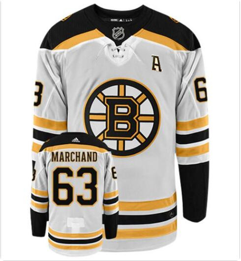 Men's brad marchand with A patch boston bruins #63 adidas authentic Away white nhl hockey jersey