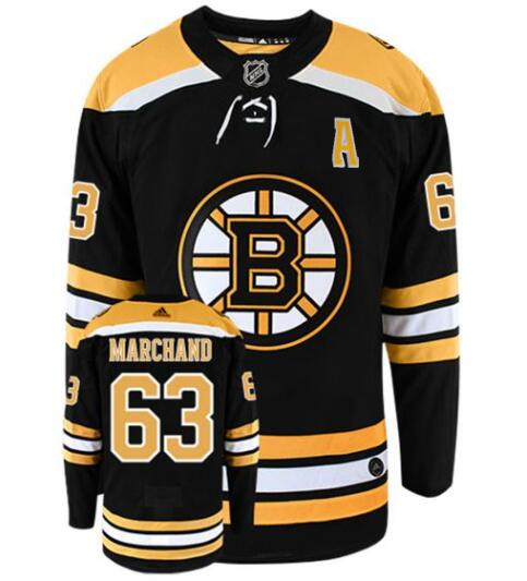 Men's brad marchand with A patch boston bruins #63 adidas authentic home black nhl hockey jersey