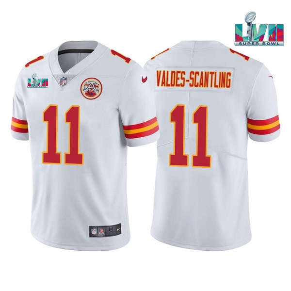 Men’s Kansas City Chiefs #11 Marquez Valdes-Scantling White Super Bowl LVII Patch Vapor Untouchable Limited Stitched Jersey