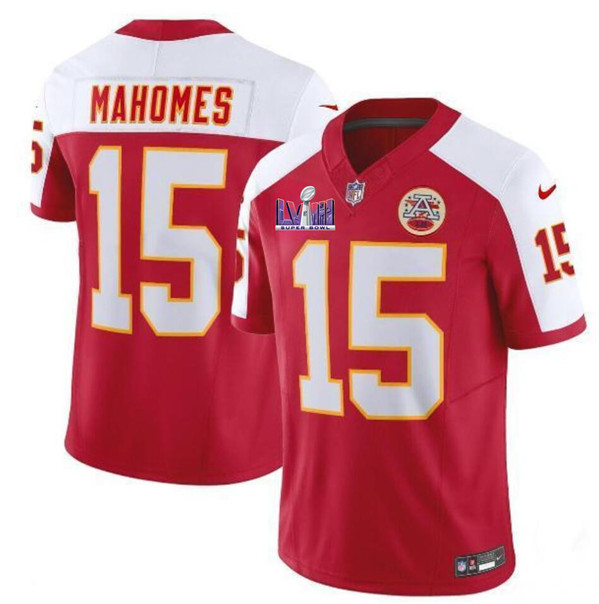 Men’s Kansas City Chiefs #15 Patrick Mahomes Red White 2024 F.U.S.E. Super Bowl LVIII Patch Vapor Untouchable Limited Football Stitched Jersey