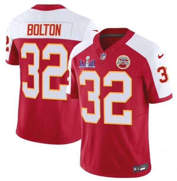 Men’s Kansas City Chiefs #32 Nick Bolton Red White 2024 F.U.S.E. Super Bowl LVIII Patch Vapor Untouchable Limited Football Stitched Jersey