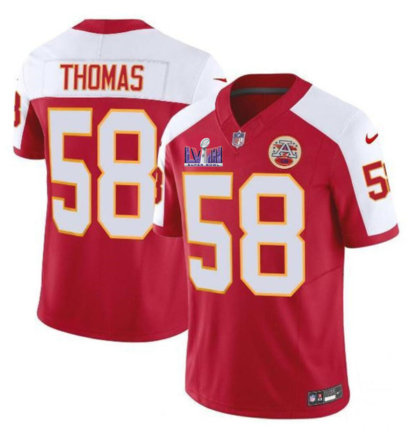 Men’s Kansas City Chiefs #58 Derrick Thomas Red White 2024 F.U.S.E. Super Bowl LVIII Patch Vapor Untouchable Limited Football Stitched Jersey