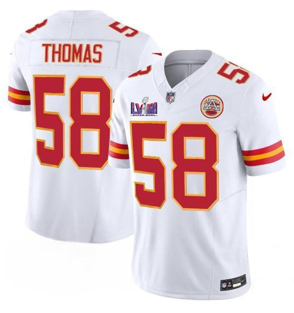 Men’s Kansas City Chiefs #58 Derrick Thomas White 2024 F.U.S.E. Super Bowl LVIII Patch Vapor Untouchable Limited Football Stitched Jersey