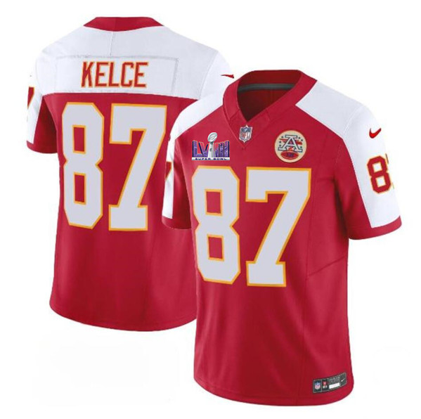 Men’s Kansas City Chiefs #87 Travis Kelce Red White 2024 F.U.S.E. Super Bowl LVIII Patch Vapor Untouchable Limited Football Stitched Jersey