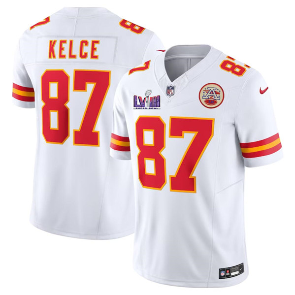 Men’s Kansas City Chiefs #87 Travis Kelce White F.U.S.E. Super Bowl LVIII Patch Vapor Untouchable Limited Football Stitched Jersey