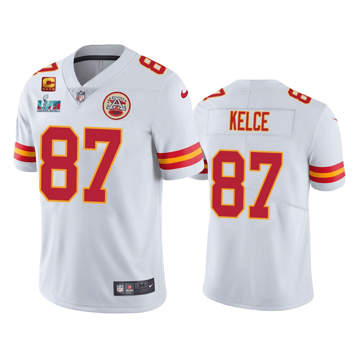 Men’s Kansas City Chiefs #87 Travis Kelce White Super Bowl LVII Patch And 4-Star C Patch Vapor Untouchable Limited Stitched Jersey