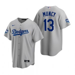 Men's Los Angeles Dodgers #13 Max Muncy Gray 2020 World Series Champions Replica Jersey