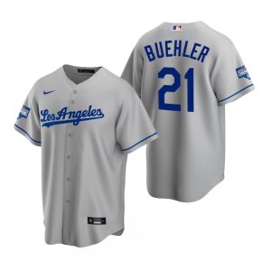 Men's Los Angeles Dodgers #21 Walker Buehler Gray 2020 World Series Champions Road Replica Jersey