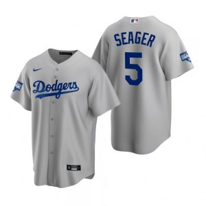 Men's Los Angeles Dodgers #5 Corey Seager Gray 2020 World Series Champions Replica Jersey