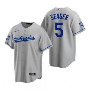 Men's Los Angeles Dodgers #5 Corey Seager MVP Gray 2020 World Series Champions Road Replica Jersey