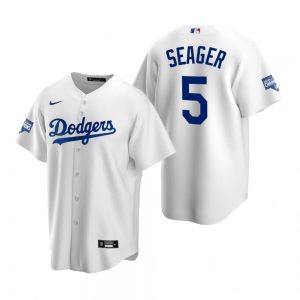 Men's Los Angeles Dodgers #5 Corey Seager White MVP 2020 World Series Champions Replica Jersey