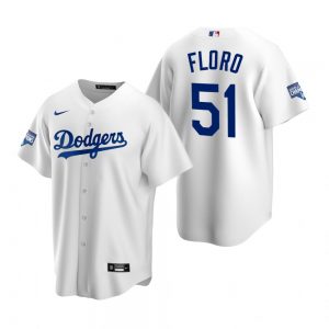 Men's Los Angeles Dodgers #51 Dylan Floro White 2020 World Series Champions Replica Jersey