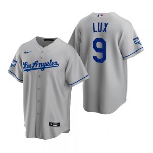 Men's Los Angeles Dodgers #9 Gavin Lux Gray 2020 World Series Champions Road Replica Jersey
