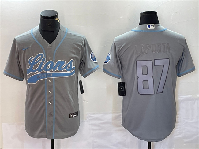 Mens Detroit Lions #87 Sam LaPorta Gray Cool Base Stitched Baseball Jersey