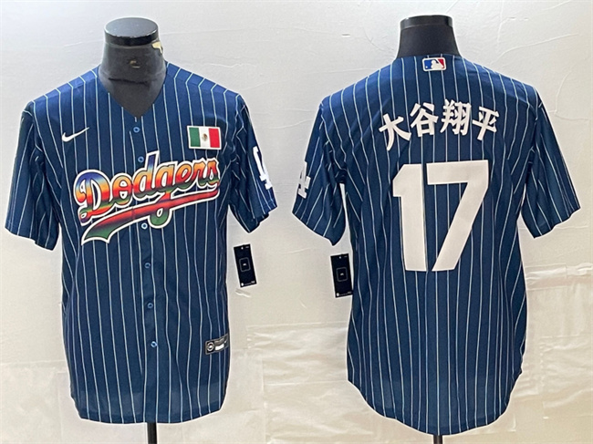 Mens Los Angeles Dodgers #17 大谷翔平 Shohei Ohtani Navy Cool Base With Patch Stitched Baseball Jersey