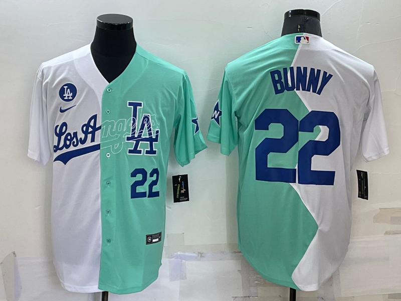 Mens Los Angeles Dodgers #22 Bad Bunny White Green 2022 All Star Cool Base Stitched Baseball Jersey
