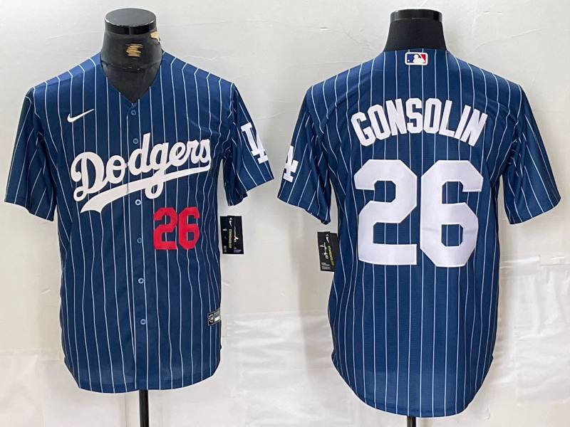 Mens Los Angeles Dodgers #26 Tony Gonsolin Navy Blue Pinstripe Stitched MLB Cool Base Nike Jersey