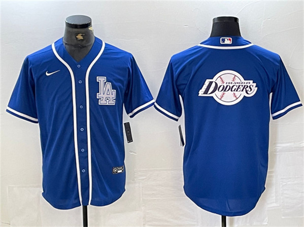 Mens Los Angeles Dodgers Team Big Logo Blue Cool Base Stitched Baseball Jersey