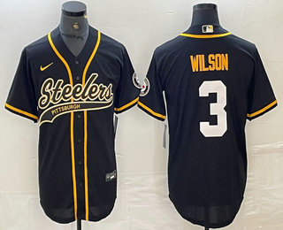 Mens Pittsburgh Steelers #3 Russell Wilson Black With Patch Cool Base Stitched Baseball Jersey